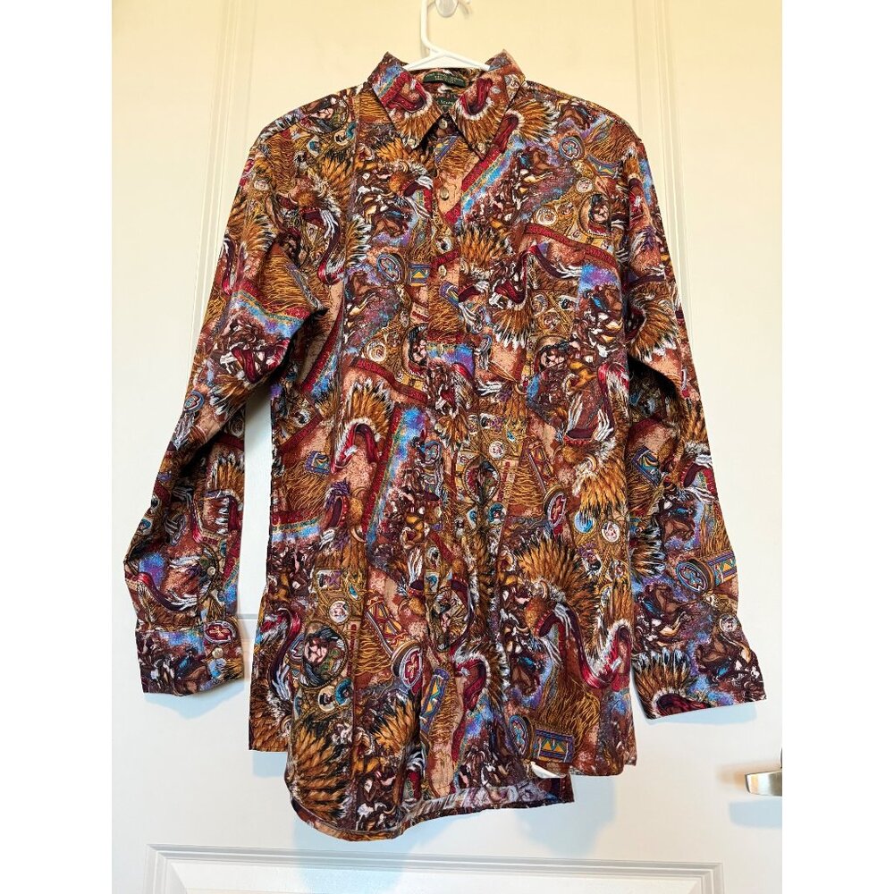 Vintage Flying Scotsman Button-Up Shirt Size L Native American !00% Cotton USA